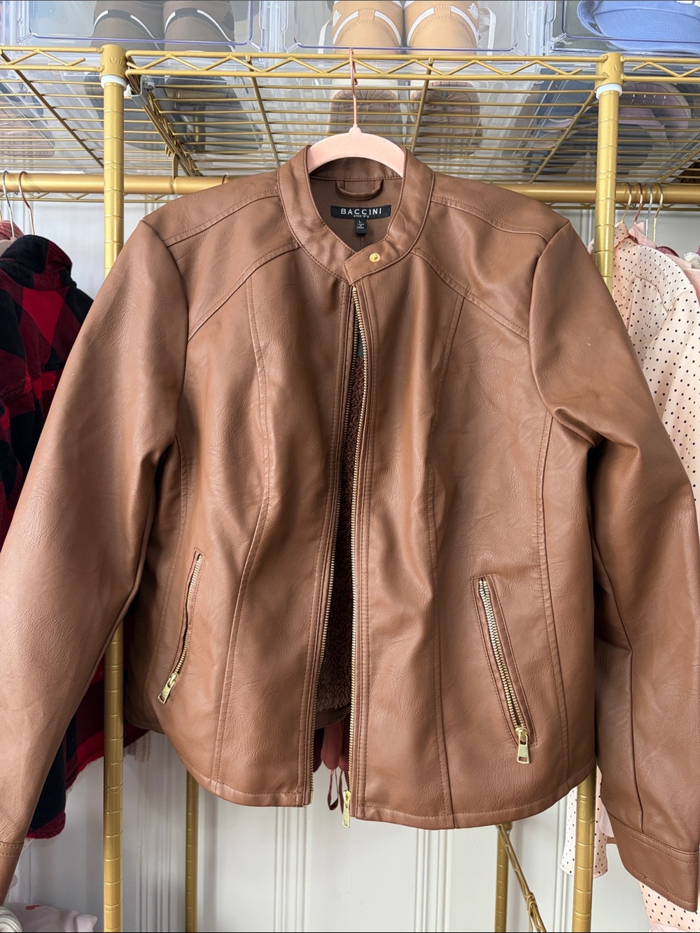 Tan Brown fake Leather Bomber Jacket